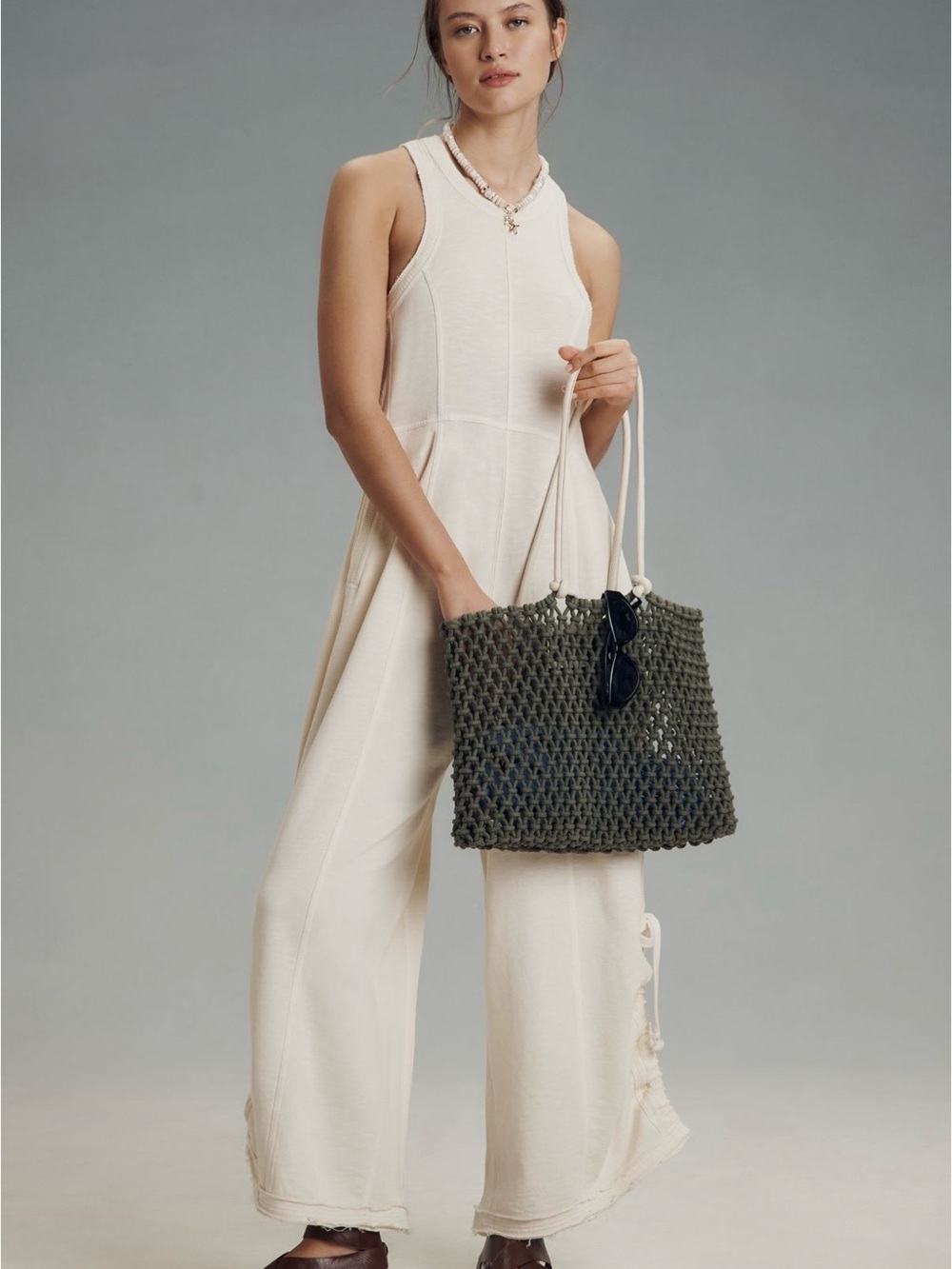 Anthropologie Daily Practice Horizon Wide-Leg Knit Jumpsuit in Cream